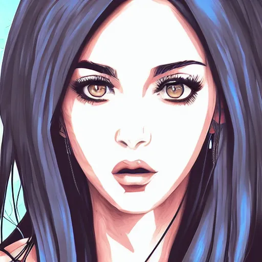 Prompt: megan fox portrait, anime art, lo fi anime, character art, digital illustration, big eyes, triangular face, semirealism, oc