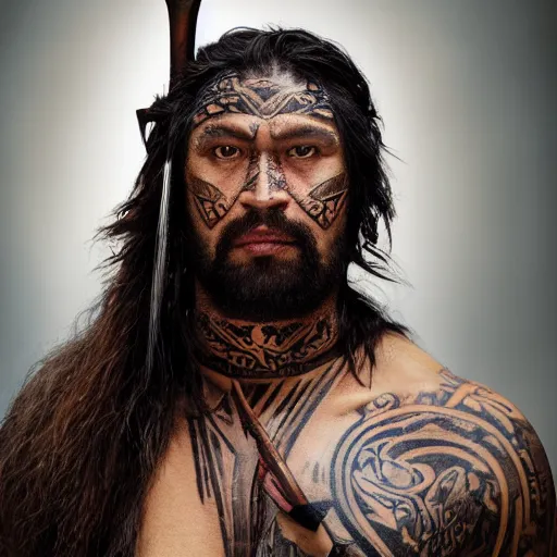 Prompt: medieval fantasy head and shoulders portrait of a tattooed maori barbarian, photo by philip - daniel ducasse and yasuhiro wakabayashi and jody rogac and roger deakins