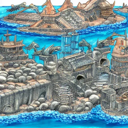 Prompt: a giant underwater city from the manga one piece, digital painting, highly detailed