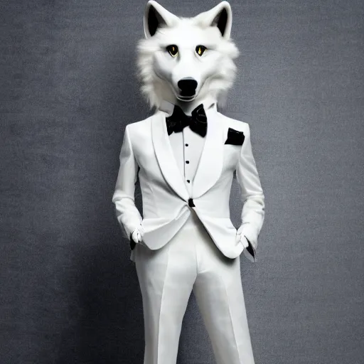 Prompt: an anthropomorphic grey wolf wearing a fancy white tuxedo with white frills, standing in a hotel lobby, advertisement photography