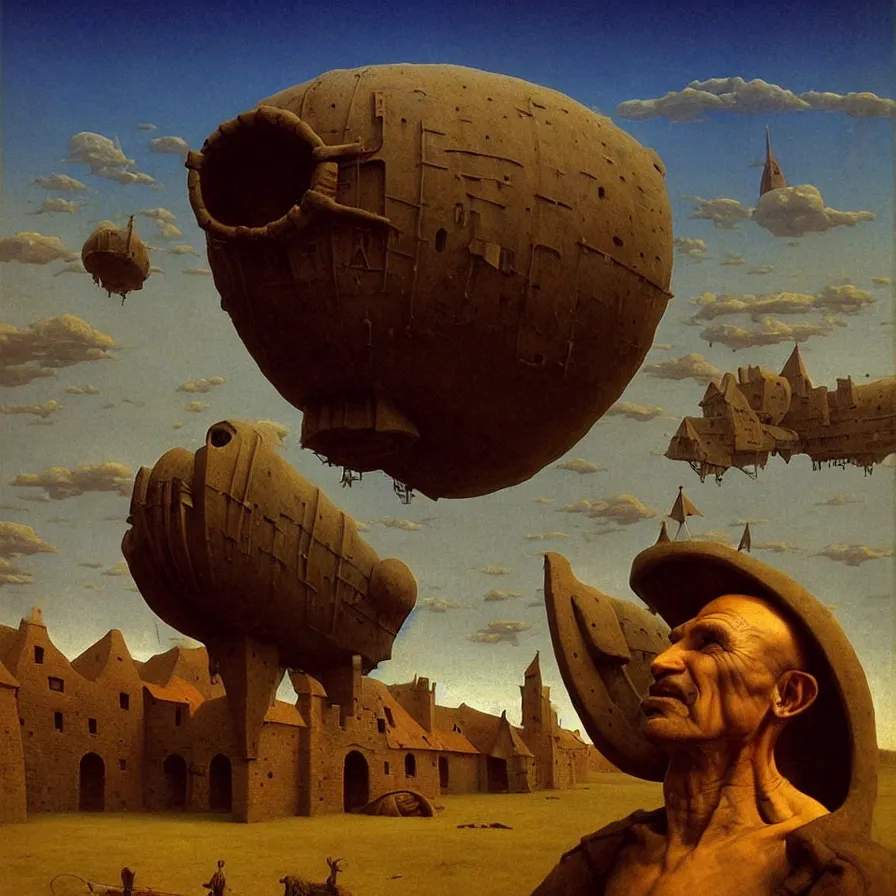 Prompt: Medieval village on the plains, a villager looking up. The sky is completely covered to the horizon by an incredibly enormous colossal oversized massive airship-like ship. Extremely high detail, realistic, medieval fantasy art, masterpiece, art by Zdzisław Beksiński, Boris Vallejo