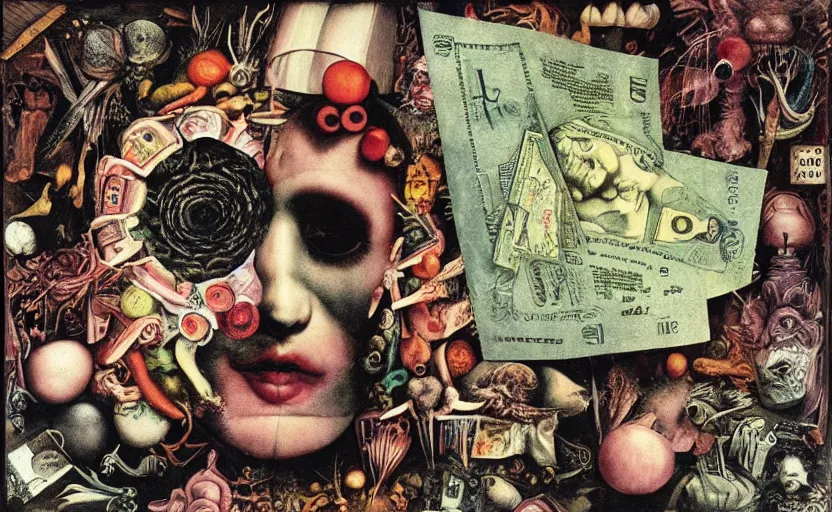 Image similar to post - punk new age album cover, asymmetrical design, dollar bank notes, capitalism, magic, apocalypse, psychedelic, black white pink, magic, giger h. r., giuseppe arcimboldo