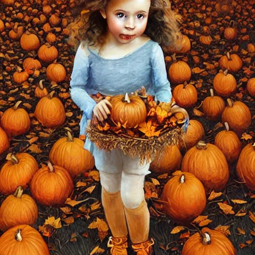 Image similar to a cute little girl with light brown wavy curly hair and blue eyes sitting amidst piles of pumpkins. beautiful cute highly detailed face. she is wearing a crown of autumn leaves. autumn and fall and halloween themed painting by artgerm and greg rutkowski and raymond swanland.