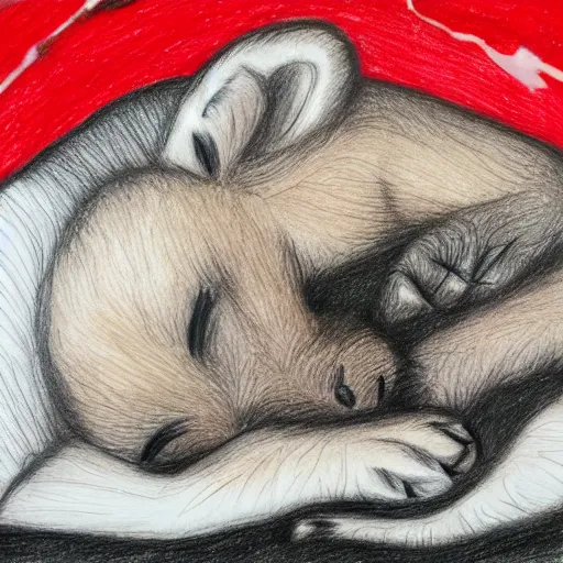 Image similar to drawing of a cubs sleeping in wet black oil, red ballpoint pen, outsider art style