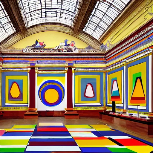 Image similar to wide shot, one photorealistic rubber duck in foreground on a pedestal in an museum gallery, british museum, the walls are covered with colorful geometric wall paintings in the style of sol lewitt, tall arched stone doorways, through the doorways are more wall paintings in the style of sol lewitt.