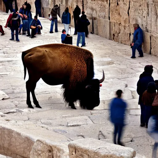 Image similar to photo of a bison, at the Wailing Wall in Jerusalem, religious people, crowds, 50mm, beautiful photo