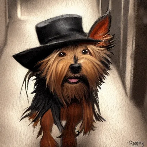 Prompt: detective yorkshire terrier wearing a fedora, disney eyes, in a dark alley, Greg Rutkowski, art station