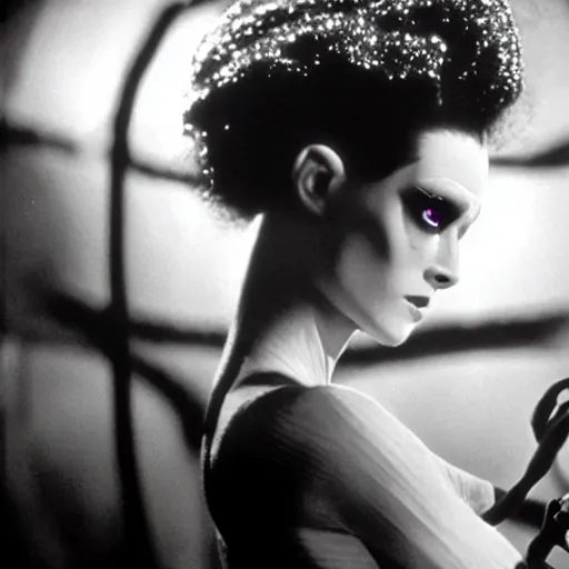 Image similar to cinematic portrait of bride of frankenstein as a replicant in a nightclub, frightened and angry, ready to fight, still from the movie bladerunner, fashion photography, a neon sign is in the background