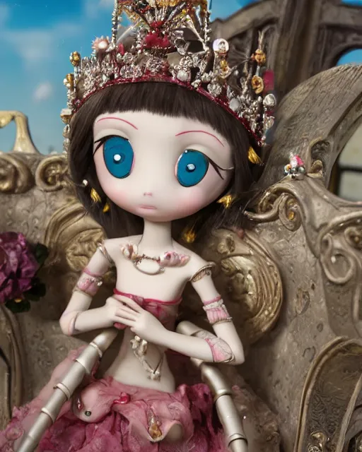 Image similar to highly detailed closeup, face profile portrait of a tin toy fumo plush anime goth fairytale princess wearing a crown and sitting on a throne, bikini, depth of field, nicoletta ceccoli, mark ryden, lostfish, dan decarlo, bob clampett, max fleischer, detailed and intricate environment, 8 k resolution, hyperrealistic, octane render