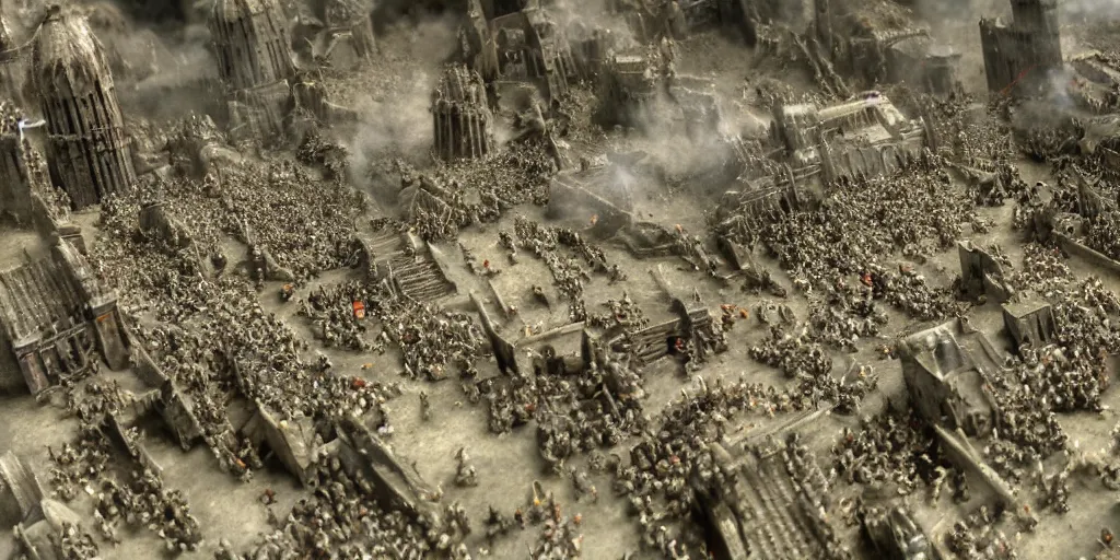 Image similar to needle felt of battle of helms deep, tilt shift, action shot, explosions, dust, detailed textures, dramatic light, god rays