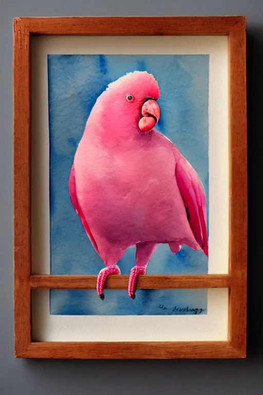 Prompt: a watercolor painting of a galah in a light wooden frame