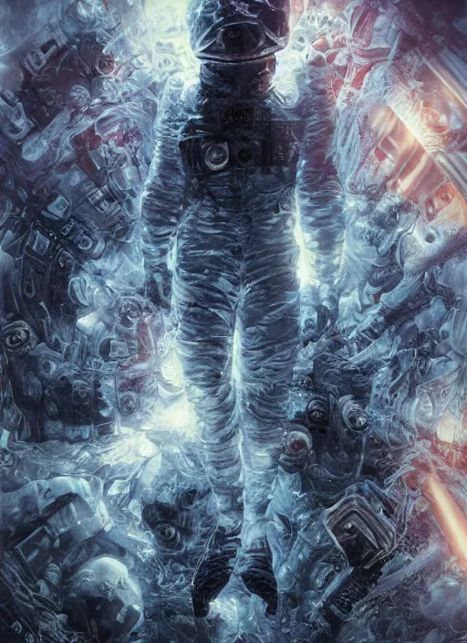 Image similar to astronauts in dark void underwater - complex and hyperdetailed technical suit. reflection and dispersion materials. rays and dispersion of light. volumetric light. f / 3 2. noise film photo. flash photography. ultra realistic, wide angle. poster by wayne barlowe, hajime sorayama aaron horkey, craig mullins