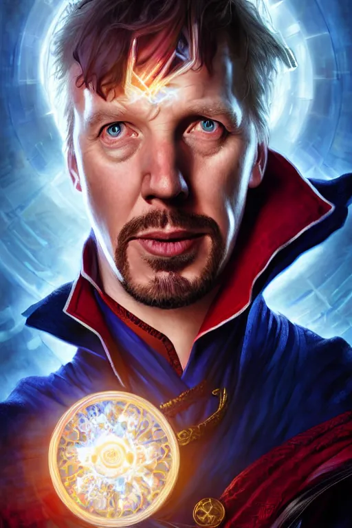 Image similar to Boris Johnson as Doctor Strange, armor plate, realistic portrait, symmetrical, highly detailed, digital painting, artstation, concept art, smooth, sharp focus, illustration, cinematic lighting, art by artgerm and greg rutkowski and alphonse mucha