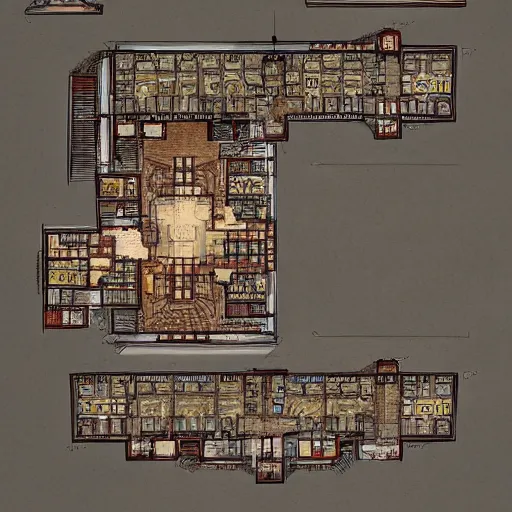 Image similar to full - color floor plan map of a fantasy tavern, hardwood floor, by greg rutkowski and james gurney, trending on artstation