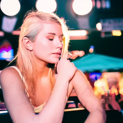 Prompt: a young, blonde-haired woman with soft facial features and blue eyes, 35mm photograph, neon lights in the background, DJing at coachella