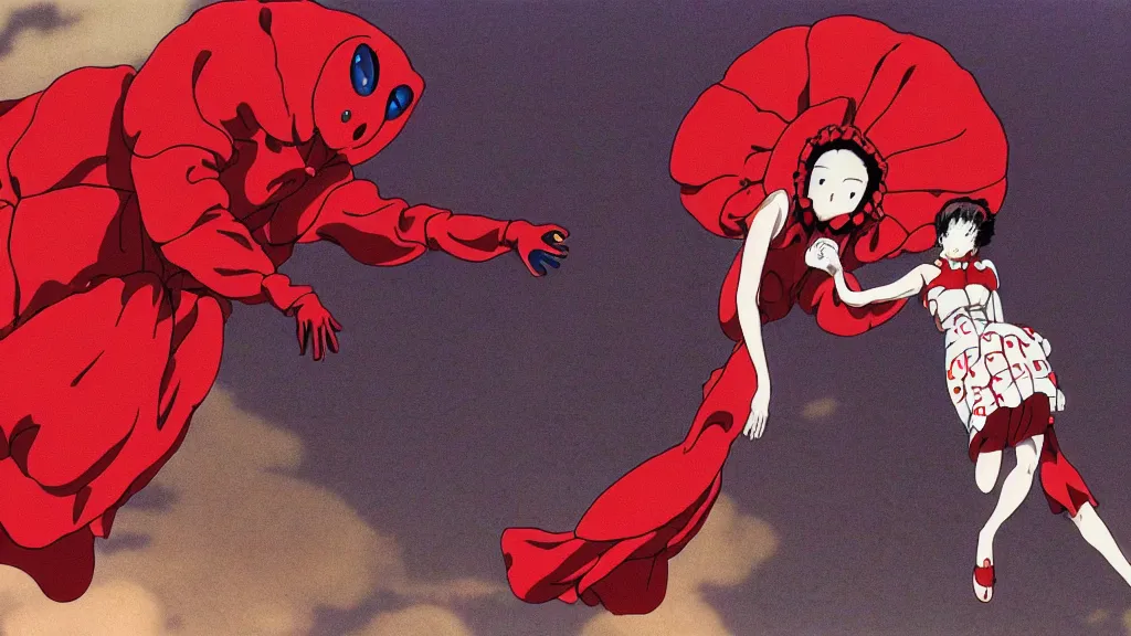 Image similar to a woman in a red dress wearing a red lobster mask falling from a building in Tokyo , film still from the an anime directed by Katsuhiro Otomo with art direction by Salvador Dalí, wide lens