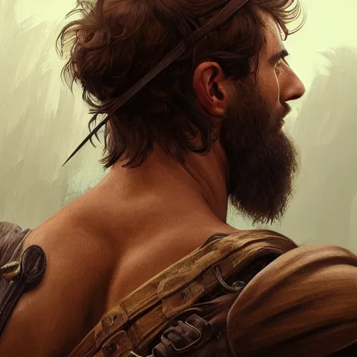 Image similar to back portrait of a rugged ranger, full body, hairy torso, D&D, fantasy, intricate, elegant, highly detailed, digital painting, artstation, concept art, matte, sharp focus, illustration, art by Artgerm and Greg Rutkowski and Alphonse Mucha