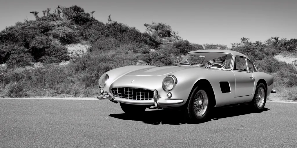 Image similar to photograph, 1958 FERRARI 250 GT, by Peter Singhof, press release, cinematic, Pacific Coast Highway, 8k, depth of field, bokeh.