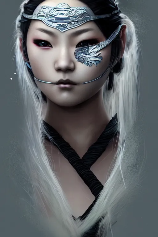 Image similar to beautiful ultradetailed young female ninja portrait, wearing mask of Ninja, black magic and mystery and evil and stunning, reference from video game Far East of Eden+smoky eyes+light flowing hair, ssci-fi, fantasy, in mudra and firefly night ruin tokyo temple, ultradetail face, art and illustration by craig mullins and tian zi and WLOP and alphonse mucha, human structure, intricate complexity, fantasy world concept, watermark, blurry, hyperrealism 8k