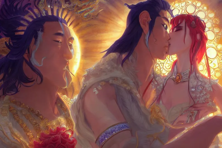 Image similar to close up moment of a divine a japan sun god and a moon goddess lovers magician at a wedding banquet, highly detailed, d & d, fantasy, 4 k realistic, digital painting, trending on artstation, concept art, sharp focus, illustration, art by makoto shinkai and akihiko yoshida and daniel gerhartz