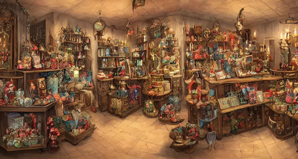 Image similar to A beautiful artwork illustration, a cursed gift shop, featured on artstation, wide angle, horizontal orientation