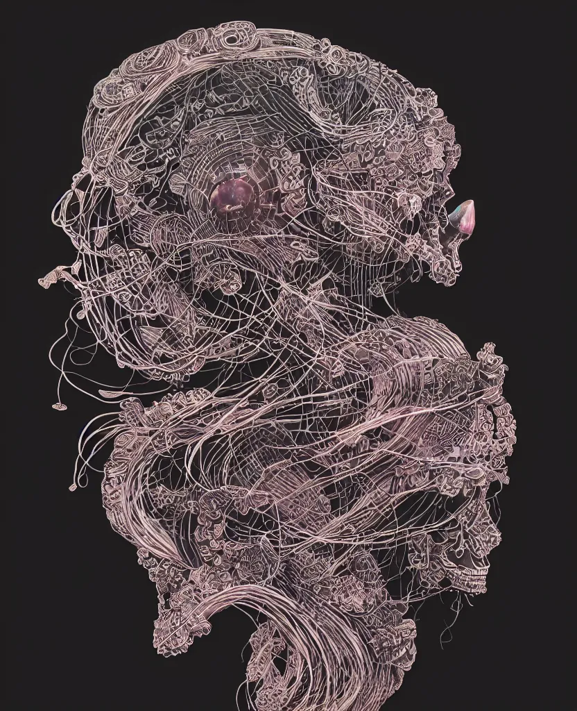 Image similar to fully black background. background hex 000000. goddess princess face close-up portrait ram skull. japanese coloured paper bas relief paper sculpture. jellyfish phoenix head, nautilus, orchid, skull, betta fish, bioluminiscent creatures, intricate artwork by Tooth Wu and wlop and beeple. octane render, trending on artstation, greg rutkowski very coherent symmetrical artwork. cinematic, hyper realism, high detail, octane render, 8k