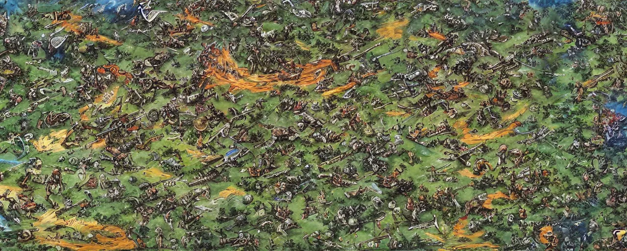 Image similar to childen's art of a battle field, detailed