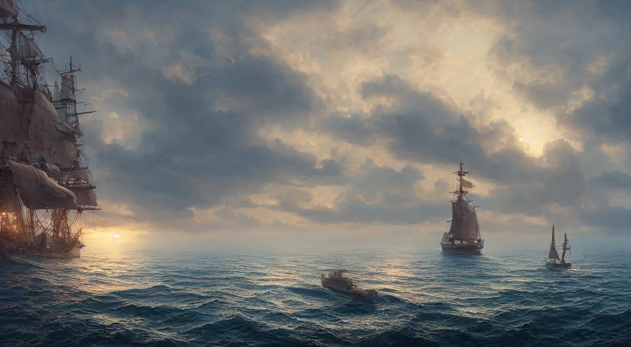 Prompt: hyper realistic detailed matte painting of one fregata ship sailing towards the rising sun, beautiful calm weather, calm foggy ocean, sunset lighting, hyperdetailed unreal engine 8 k ultra hd, stanley artgerm lau, rossdraws, james jean marc simonetti ruan jia and mandy jurgens and artgerm and william illustration, digital art, concept art