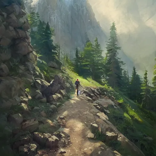 Prompt: Time to climb the mountain path, an expressive oil painting by Ross Tran, John Harris, Krenz Cushart