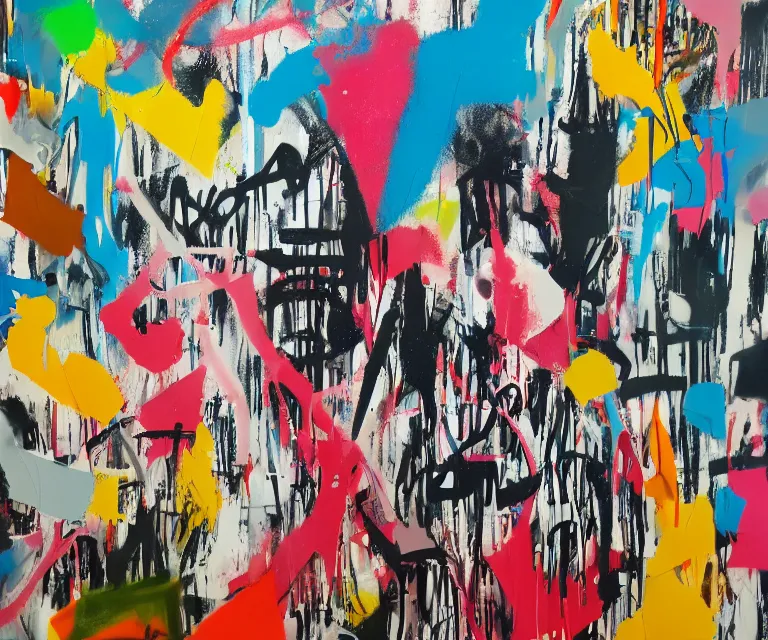 Prompt: acrylic and spraypaint, painting, paint drips, acrylic, graffiti throws, graffiti bubble letters, wildstyle, clear shapes, spraypaint, smeared flowers, origami crane drawings, oil pastel gestural lines, large triangular shapes, painting by ashley wood, basquiat, masterpiece