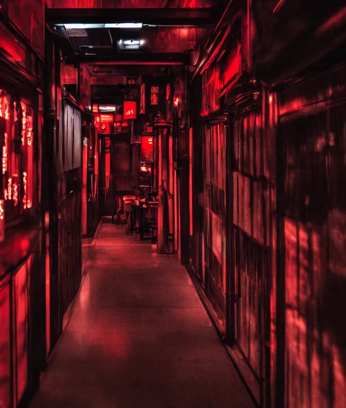 Image similar to spooky photo of a dark infinite hallway of a japanese izakaya with open lit doorways all the way down, dramatic lighting, smoke, ceiling fluorescent lighting, black and red colour palette