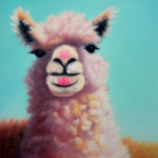 Image similar to fluffy pink alpaca on a cliff, oil painting