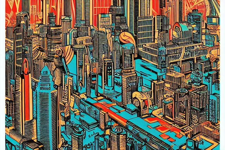 Prompt: a colorful woodcut print of a retro futuristic city, trending on artstation