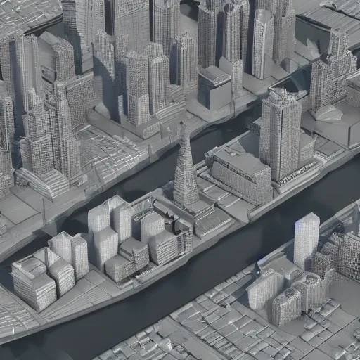 Prompt: an isometric overview Blender 3D model of a metropolis with a river in the middle, 3D grey buildings, octane render