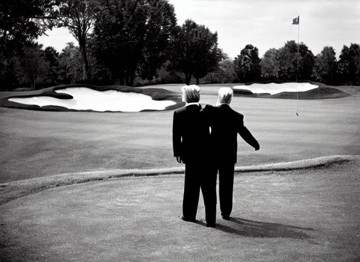 Prompt: front view of a single Donald Trump with hands behind back taken away by two young FBI agents wearing uniforms at golf course, photo by Alex Webb, photo by James Nachtwey