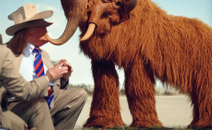 Prompt: Donald Trump in a baby mammoth costume , with an open face