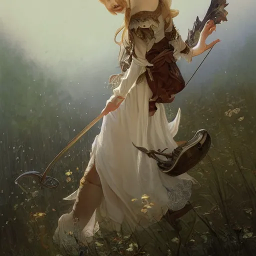 Image similar to elf fairy, bard, lute, art student, cardigan, blonde, highly detailed, intricate, digital painting, artstation, sharp focus, illustration, art by jakub rozalski, greg rutkowski, artgerm, tan zi and ayanamikodon and alphonse mucha and wlop