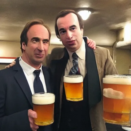 Prompt: saul goodman and nathan fielder drinking pints