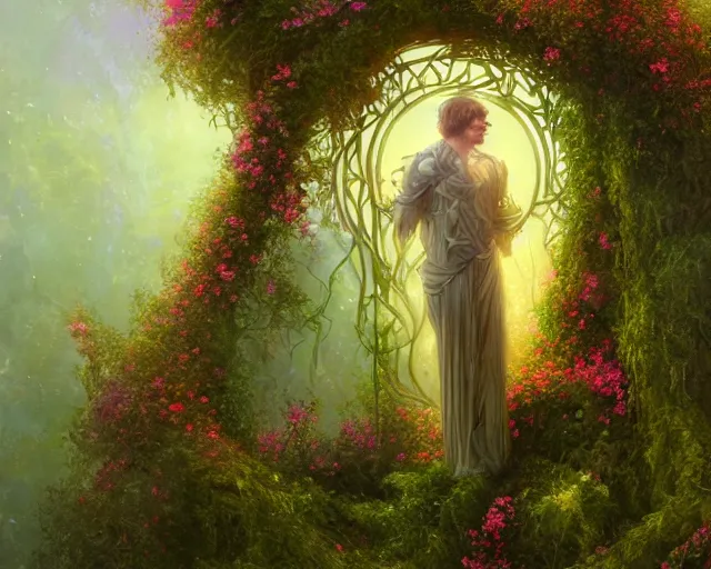 Image similar to a male angel made of vines and flowers and moss, standing in front of a beautiful cottage, a digital painting by thomas canty and thomas kincade and ross tran, art nouveau, atmospheric lighting, trending on artstation