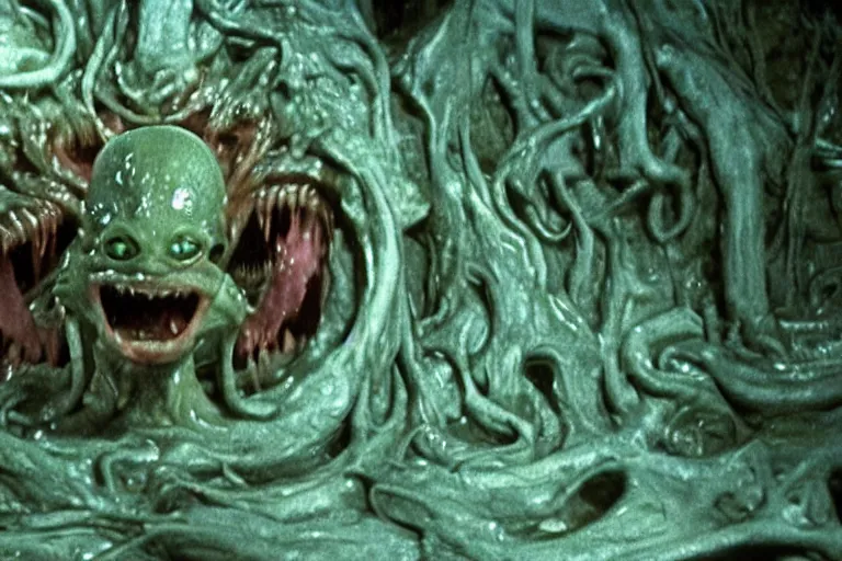 Prompt: a scary filmic wide shot color ground level angle movie still 35mm film photograph of the full body of a dangerous shape shifting alien creature, with multiple mutated snarling drooling human faces with a grotesque variety of human and animal limbs protruding from its lower torso inside a lab, it has dozens of swirling spined slimey tendrils, in the style of nature documentary footage, The Thing 1982