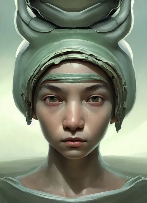 Image similar to a portrait of an alien sage child with an enormously large head, an ancient pale sage child from a different realm, highly detailed, digital painting, artstation, concept art, intricate, elegant, smooth, sharp focus, art by wlop, mars ravelo and greg rutkowski and craig mullins