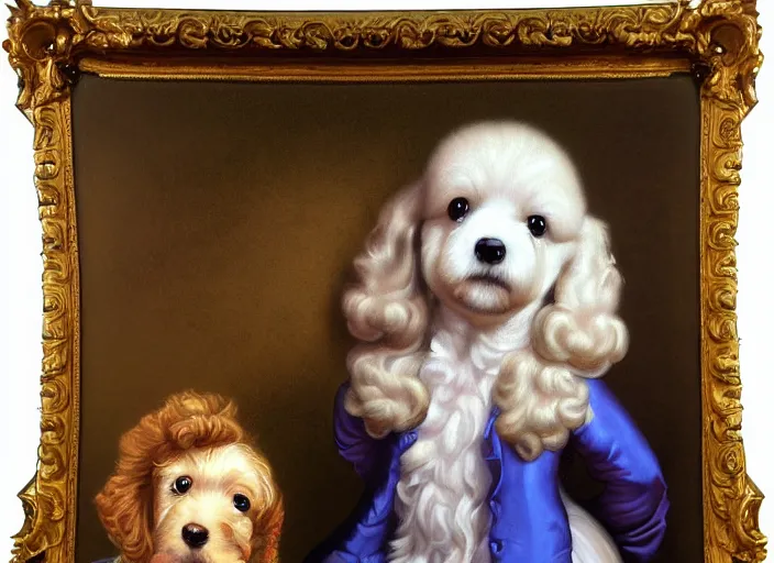 Prompt: baroque rococo painting The Royal Poodle portrait Greg Hildebrandt high detail pastel cute puppy