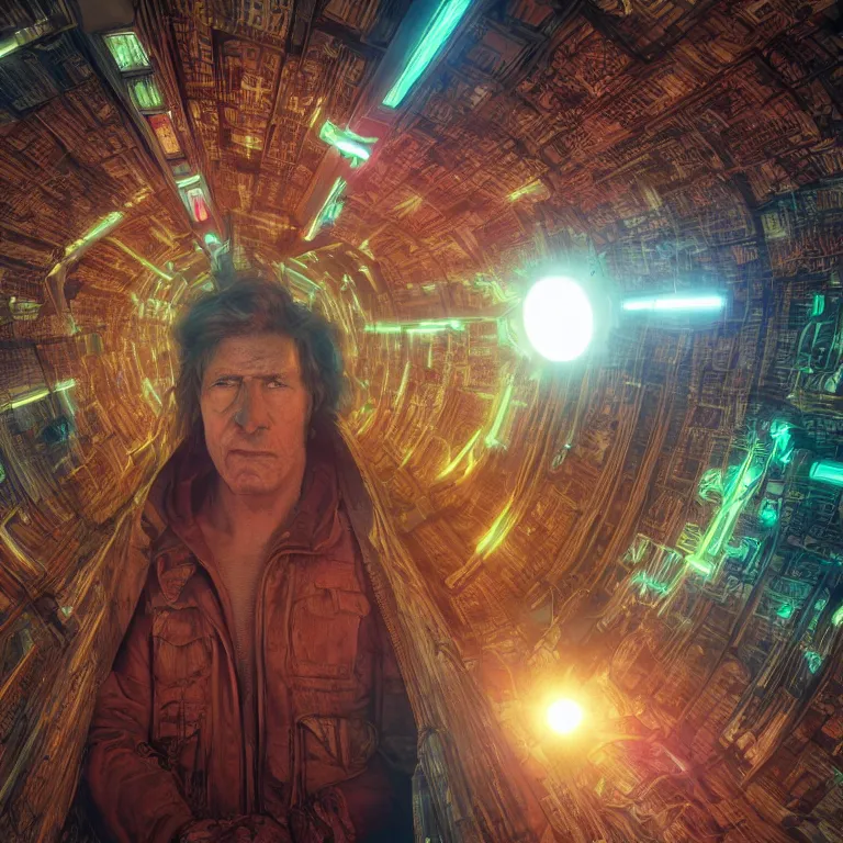 Image similar to octane render portrait by wayne barlow and carlo crivelli and glenn fabry, a strange psychedelic colorful 1 9 7 0's sci - fi action hero inside a futuristic prison cell, light beams, cinema 4 d, ray traced lighting, very short depth of field, bokeh