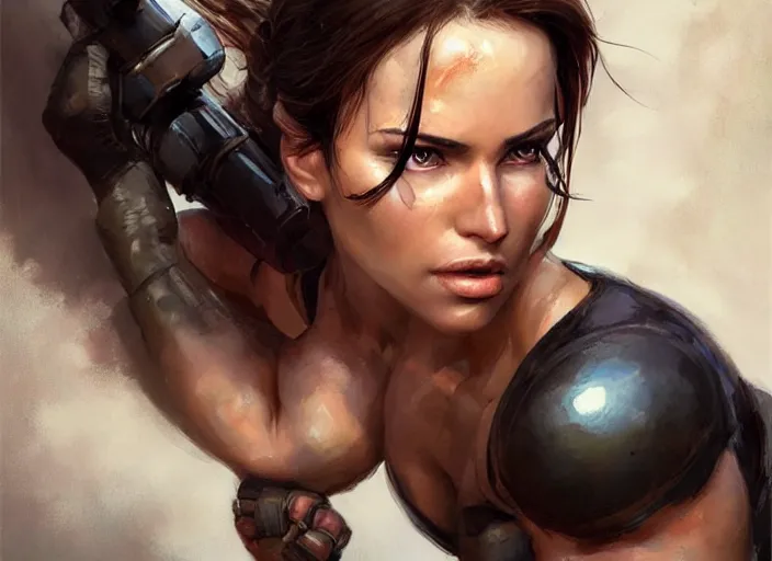 Image similar to portrait of lara croft as a beautiful female bodybuilder android with plump lips, elegant, fantasy, hd shot, digital portrait, beautiful, artstation, comic style, by artgerm, guy denning, jakub rozalski, magali villeneuve and charlie bowater