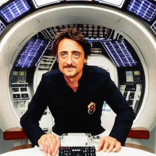 Prompt: Captain Richard Hammond of the USS Enterprise sitting in the captain's chair, stardate 46420.1