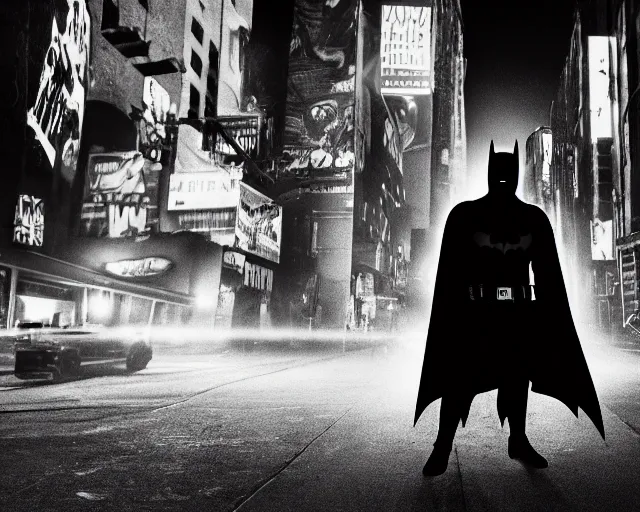 Image similar to a high definition photograph of Batman holding a lightsaber in a dark New York City alleyway at nighttime, high contrast shadows