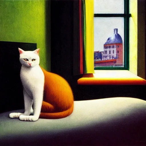 Image similar to a lonely cat in an hotel room, hyperrealistic film still by edward hopper, by gottfried helnwein, by klimt, by paolo uccello, art nouveau, highly detailed, strong lights, liminal, eerie, metaphysical, bright pastel colors,