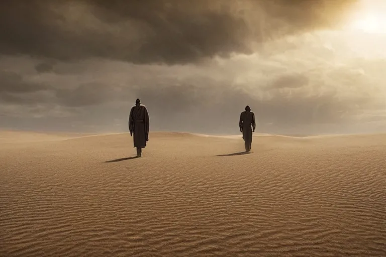 Image similar to a cinematic wide angle shot of a man in his early twenties, in the 2 0 2 1 movie dune, the sand is in the form of a wave, stormy weather, dry, film still, cinematic, dramatic lighting, by zack snyder