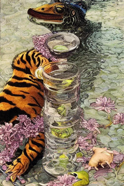 Image similar to a tiger a frog and a duck sharing a drinkby frantisek kupka, intricate, miles johnston, kuroda seiki, cynical realism, ozabu, john william godward, painterly, yoshitaka amano, moebius, miles johnston, louise zhang, james jean, mark ryden