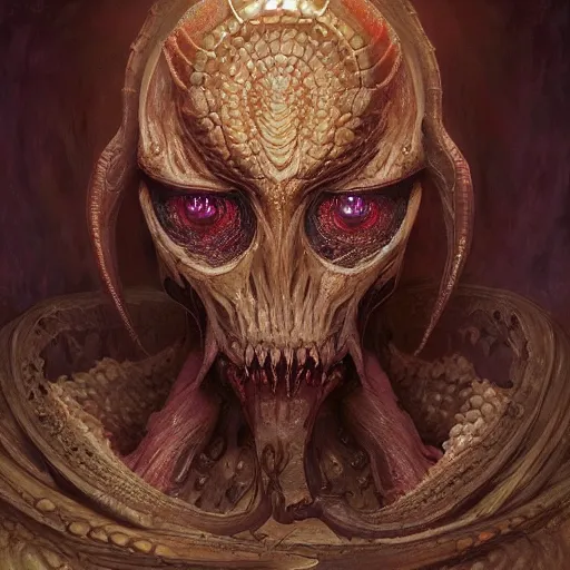 Prompt: Portrait of an undead ilithid mindflayer dracolich, honeycomb background, d&d, fantasy, intricate, elegant, highly detailed, digital painting, artstation, concept art, smooth, sharp focus, illustration, art by Krenz Cushart and Artem Demura and alphonse mucha